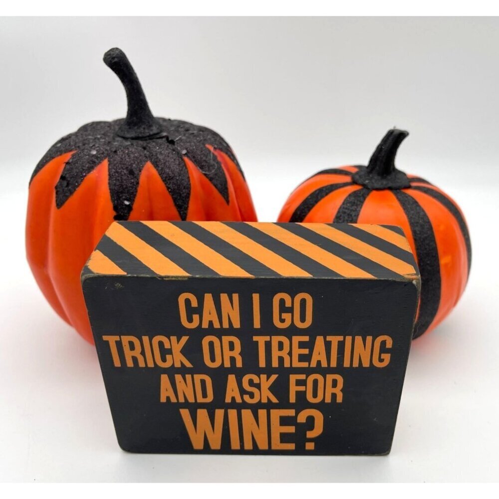 Set of Decorative Halloween Glitter Pumpkins & Wooden Wine Trick-or-Treat Sign